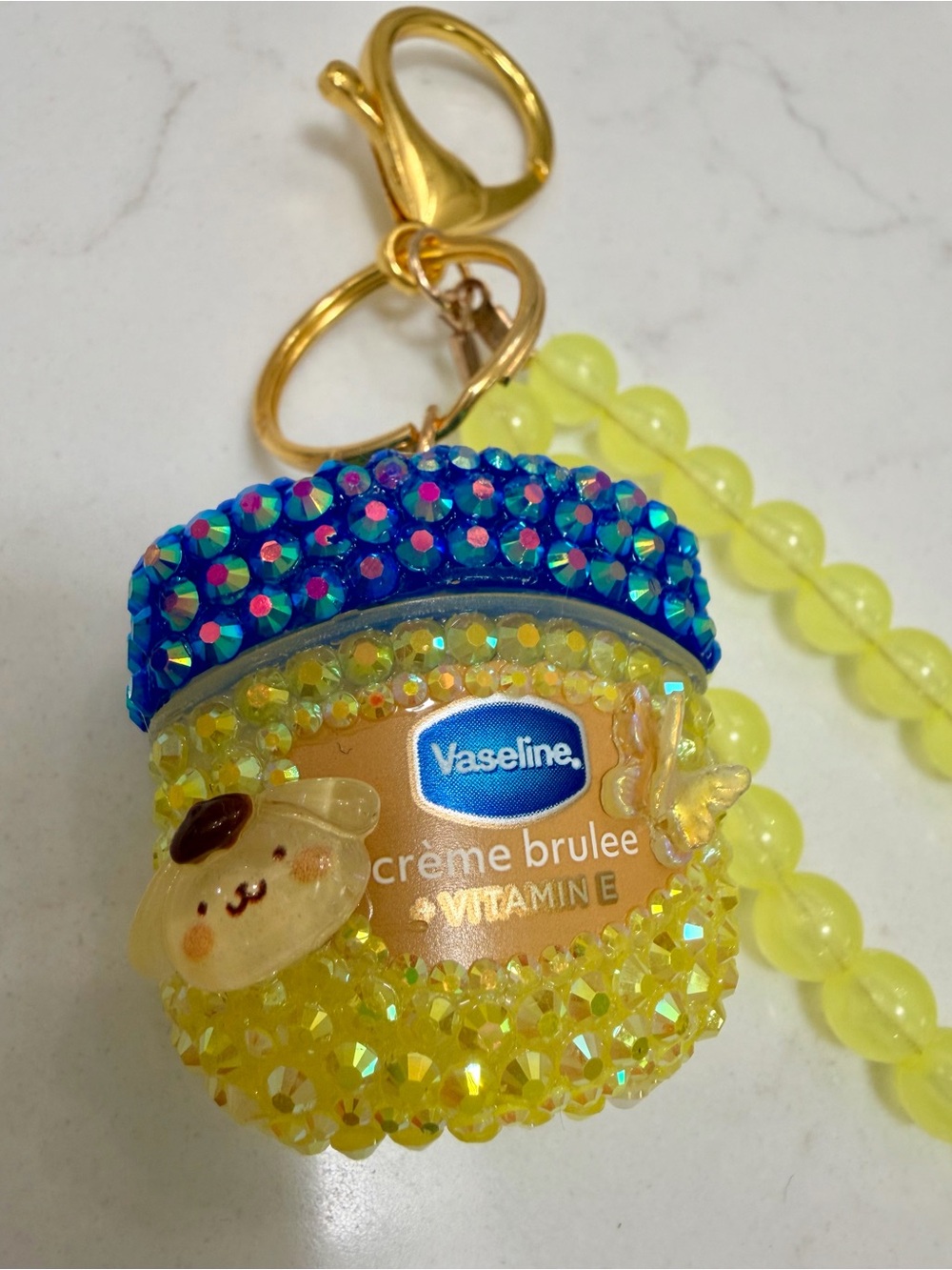 Bedazzled Mini Vaseline Crème Brulee Lip Jar Bag Charm Key Chain - Kawaii